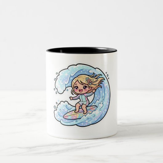 かわいいカワイイサーフィン娘 海の波 夏のビーチ S ツートーンマグカップ (中央)