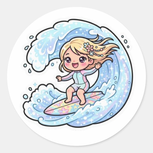 かわいいカワイイサーフィン娘 海の波 夏ステッカー ラウンドシール (正面)