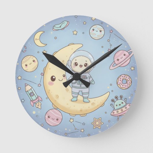 かわいいカワイイスペース - 宇宙飛行士と笑顔の月 ラウンド壁時計 (正面)