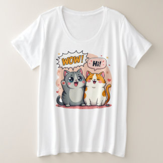 かわいいカワイイ猫のコミックが「わーっ」と「こんにちは」と言っているビッグサイズ プラスサイズTシャツ