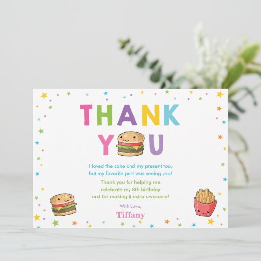 かわいいカワイトファストフードバーガーパーティーガール誕生日 サンキューカード (スタンド正面)