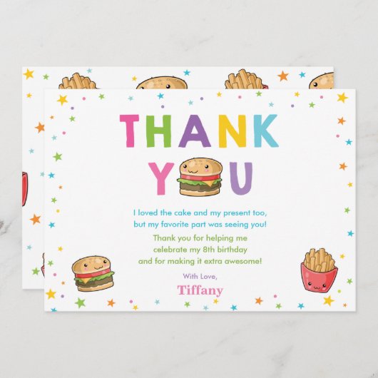 かわいいカワイトファストフードバーガーパーティーガール誕生日 サンキューカード (正面/裏面)
