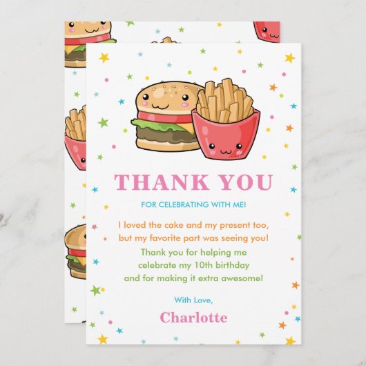 かわいいカワイトファストフードバーガーパーティーガール誕生日 サンキューカード (正面/裏面)