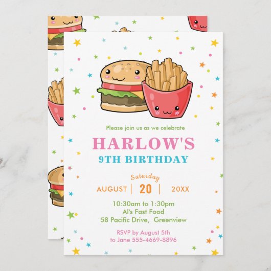 かわいいカワイトファストフードバーガーパーティーガール誕生日 招待状 (正面/裏面)