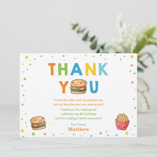 かわいいカワイトファストフードバーガーパーティーボーイ誕生日 サンキューカード (スタンド正面)