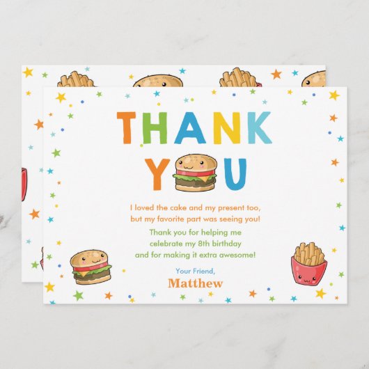 かわいいカワイトファストフードバーガーパーティーボーイ誕生日 サンキューカード (正面/裏面)