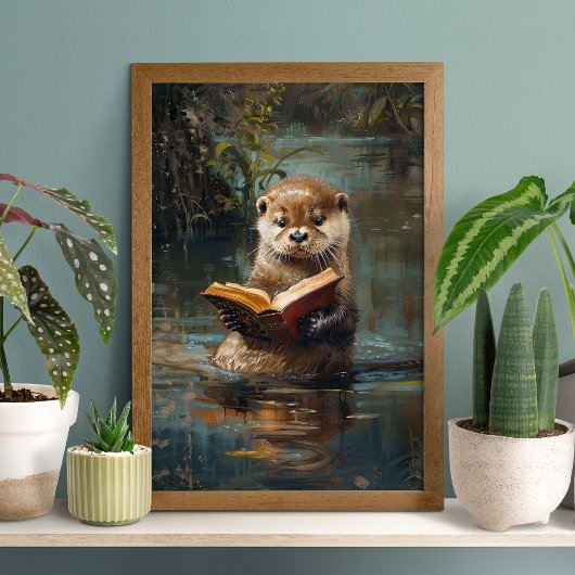 かわいいカワウソが本を読むポスター ポスター