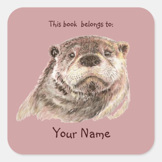 かわいいカワウソこの本は蔵書票 スクエアシール (正面)