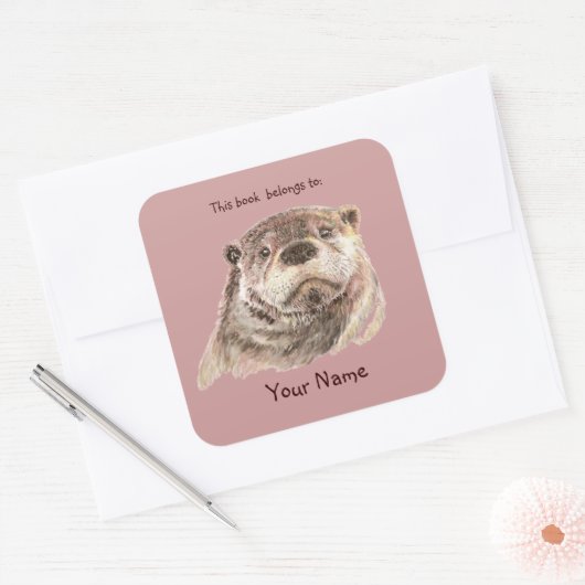 かわいいカワウソこの本は蔵書票 スクエアシール (封筒)
