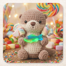 かわいいカワウソとグミフィッシュの少年誕生日 スクエアペーパーコースター