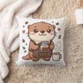 かわいいカワウソのバリスタスローピロー クッション (ブランケット)
