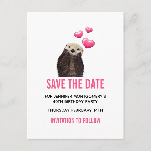 かわいいカワウソのバレンタインハートでSave the Date ポストカード (正面)
