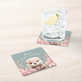 かわいいカワウソの女の子 ベビーシャワー Sage & ピンクの花 スクエアペーパーコースター (インサイチュ)