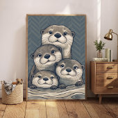 かわいいカワウソの家族の保育園アートのシェブロンの背景P ポスター