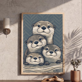 かわいいカワウソの家族の保育園アートのシェブロンの背景P ポスター