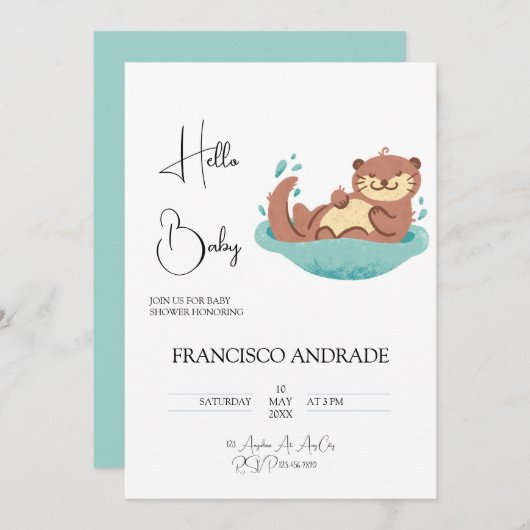 かわいいカワウソの森の動物 水彩画 招待状 (正面/裏面)