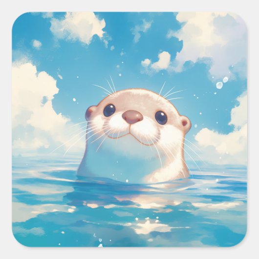 かわいいカワウソの水中世界 スクエアシール (正面)