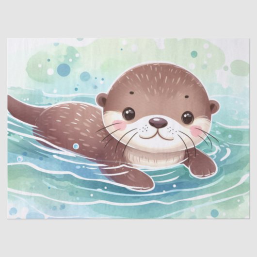 かわいいカワウソの水彩デコパージュ 薄葉紙 (正面)