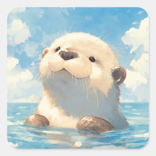 かわいいカワウソの水辺の世界 スクエアシール (正面)