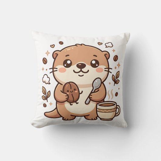 かわいいカワウソの豆とスプーンのかわいいコーヒー装飾P クッション (正面)