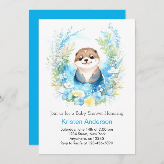 かわいいカワウソ魅惑ワンダーランドボーイ赤ちゃんシャワー 招待状 (正面/裏面)