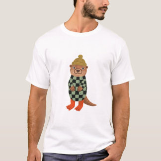かわいいカワウソTシャツ – ニットビーニーデザイン Tシャツ