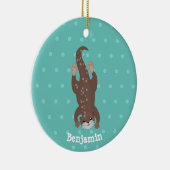 かわいいカワウダイビングティール(緑がかった色)漫画イラストレーション セラミックオーナメント (右)