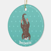 かわいいカワウダイビングティール(緑がかった色)漫画イラストレーション セラミックオーナメント (左)