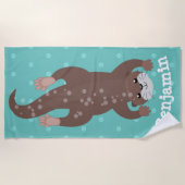 かわいいカワウダイビングティール（緑がかった色）漫画イラストレーション ビーチタオル (正面)