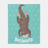 かわいいカワウダイビングティール(緑がかった色)漫画イラストレーション フリースブランケット (正面)