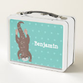 かわいいカワウダイビングティール(緑がかった色)漫画イラストレーション メタルランチボックス (裏面)