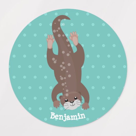 かわいいカワウダイビングティール（緑がかった色）漫画イラストレーション ラベル (デザイン2)