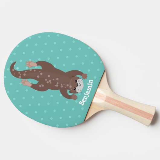 かわいいカワウダイビングティール（緑がかった色）漫画イラストレーション 卓球ラケット (横)