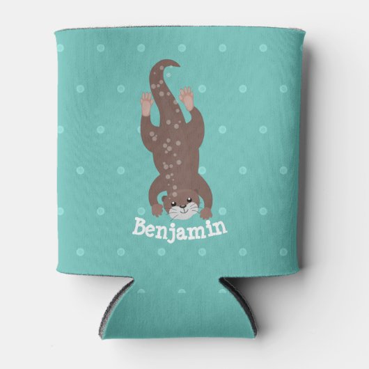 かわいいカワウダイビングティール（緑がかった色）漫画イラストレーション 缶クーラー (正面)