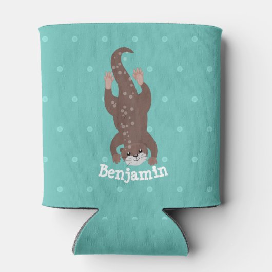 かわいいカワウダイビングティール（緑がかった色）漫画イラストレーション 缶クーラー (裏面)