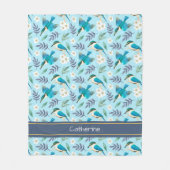かわいいカワセミの花柄の青い名前 フリースブランケット (正面)