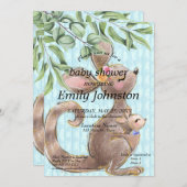 かわいいカンガルーとジョーイ ブルーベビーシャワー招待状 招待状 (正面/裏面)