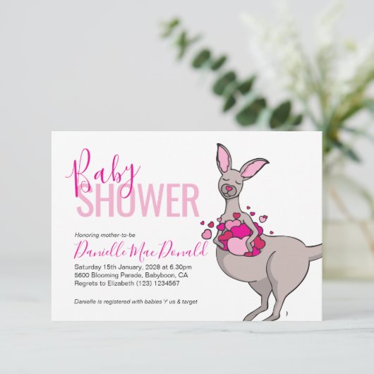 かわいいカンガルーのハートの袋のベビーシャワー招待状 招待状 (スタンド正面)
