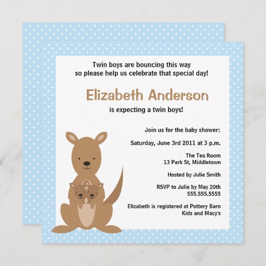 かわいいカンガルーのベビーシャワーの招待状-対の男の子 招待状 (正面/裏面)