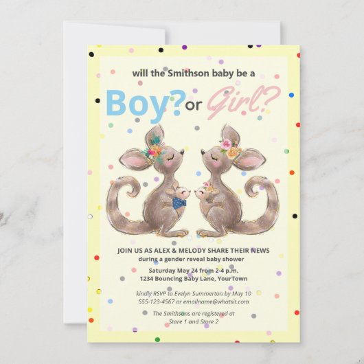 かわいいカンガルージェンダーが赤ちゃんシャワーを明らかにする招待状 招待状 (正面)