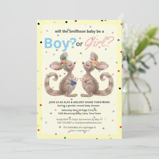 かわいいカンガルージェンダーが赤ちゃんシャワーを明らかにする招待状 招待状 (スタンド正面)