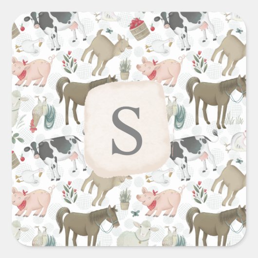 かわいいカントリーファームハウスモノグラム動物 スクエアシール (正面)