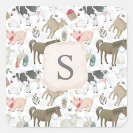 かわいいカントリーファームハウスモノグラム動物 スクエアシール