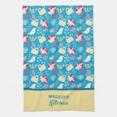 かわいいカントリーブルーレトロティーカップハートバードパターン キッチンタオル (縦)