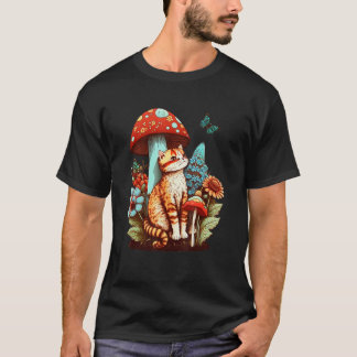 かわいいカントリー風の猫とキノコとカラフルな花 Tシャツ