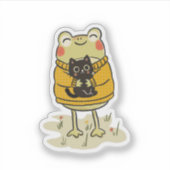 かわいいカントリー風カエルと黒猫のイラスト シール (正面)
