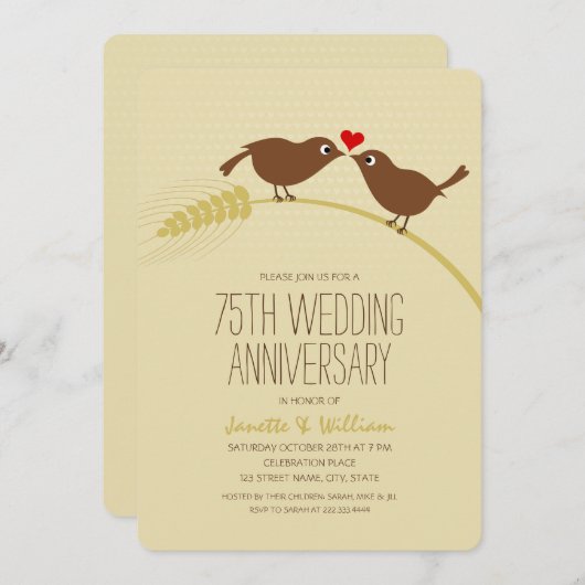 かわいいカントリー ラブバード 75周年 結婚記念日 招待状 (正面/裏面)