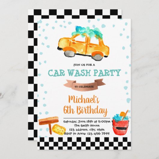 かわいいカーウォッシュのパーティーの誕生日の招待 招待状 (正面/裏面)