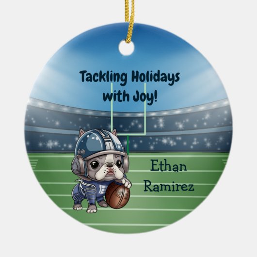 かわいいカートゥーフランスのブルドッグのクォーターバック セラミックオーナメント (正面)