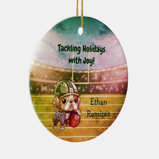 かわいいカートゥーフランスのブルドッグのクォーターバック セラミックオーナメント (右)